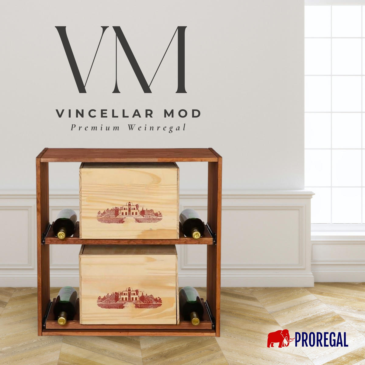 WEINREGAL Vincellar Mod 60x60x30 cm Modul Für 12 Flaschen Oder Weinkisten mit Ausziehbaren Ebenen Massives Kiefernholz Braun Geölt - Braun, Holz (60/60/30cm) - PROREGAL