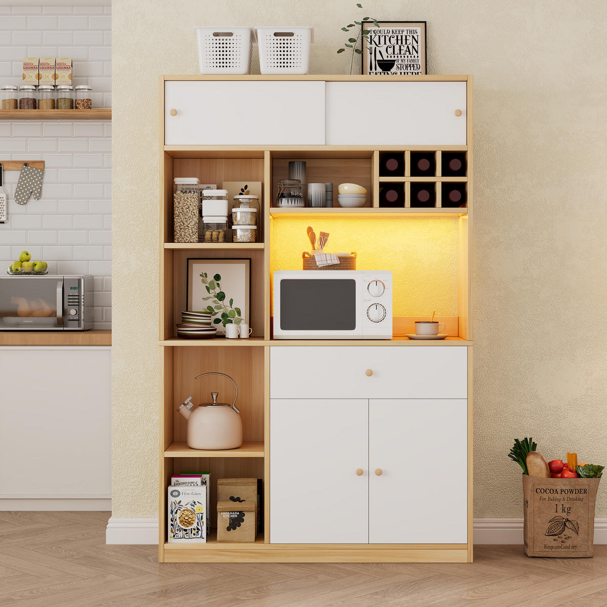 KÜCHENSCHRANK 115x35x180 cm, LED-Beleuchtung, 1 Schublade, 3 Türen, Weiß/Natur - Weiß, Holzwerkstoff (115/180/35cm) - FOHERE