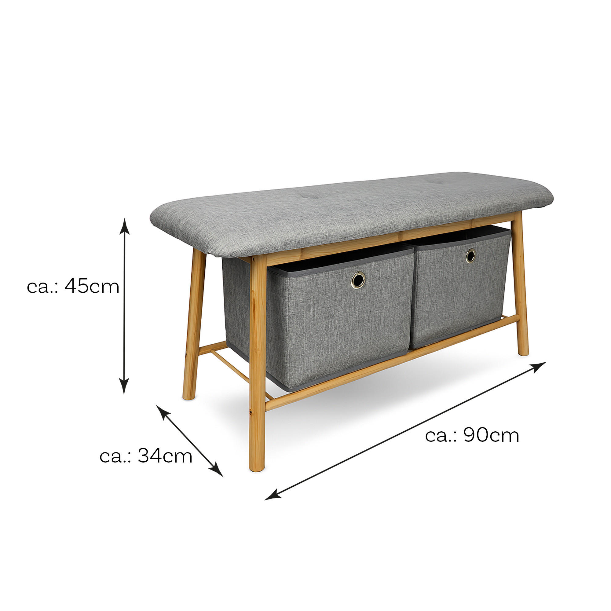 SCHUHBANK Bambus 90x34x45cm mit 2 Körben - Hellbraun/Grau, Bambusholz/Textil (34/45/90cm)