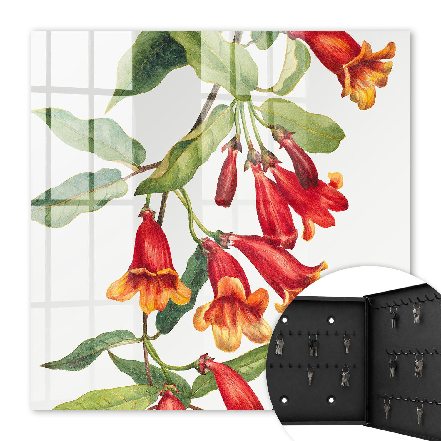SCHLÜSSELBOX Schwarz 30x30 cm- Türöffnung nach rechts - Rote Blüten - Rot, Metall (30/30/5cm) - TULUP