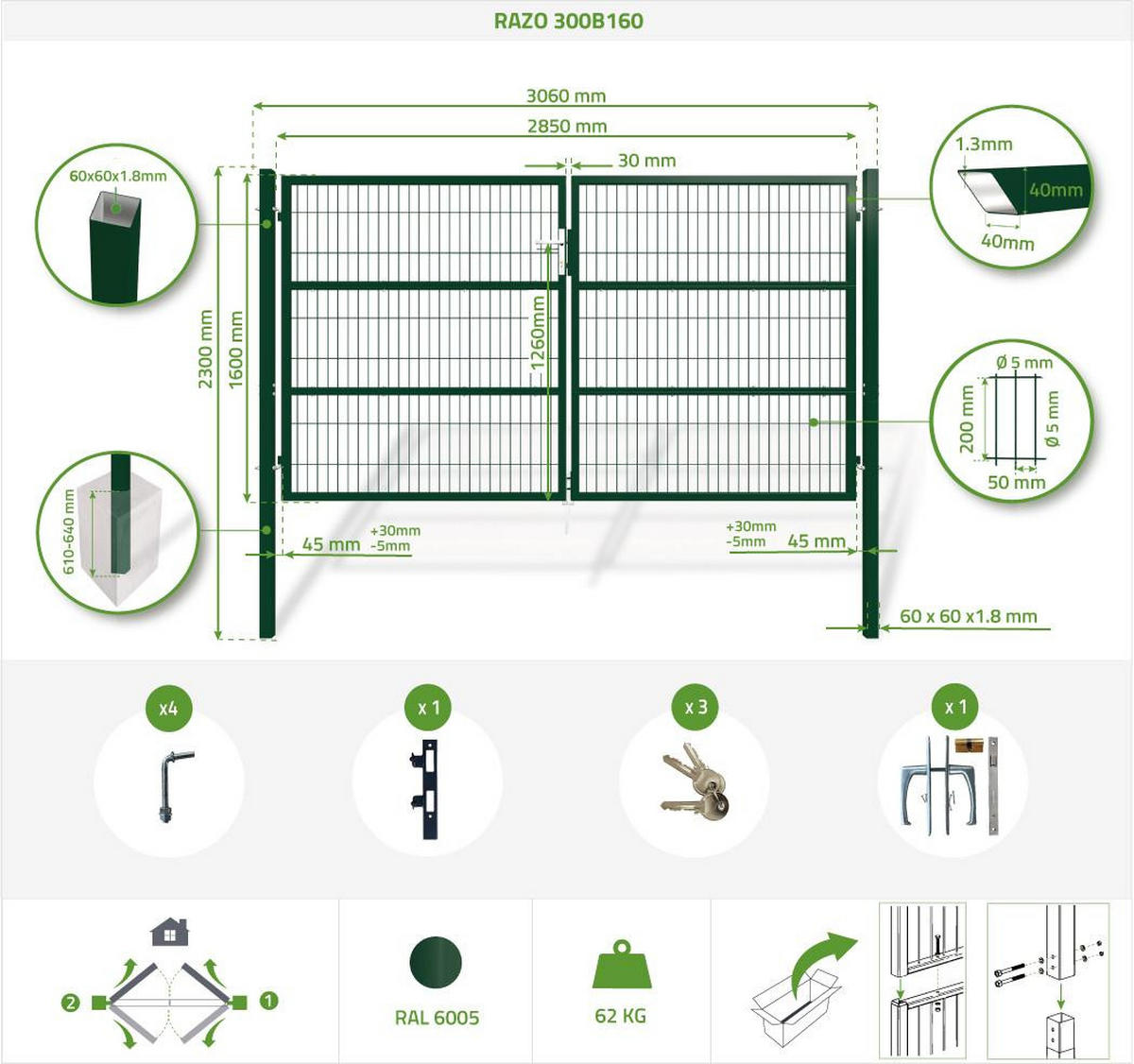ZAUNTOR Razo Grün 3m H.160cm + TÜRCHEN 1m H.160cm - Grün, Metall (306/166cm) - Casanoov