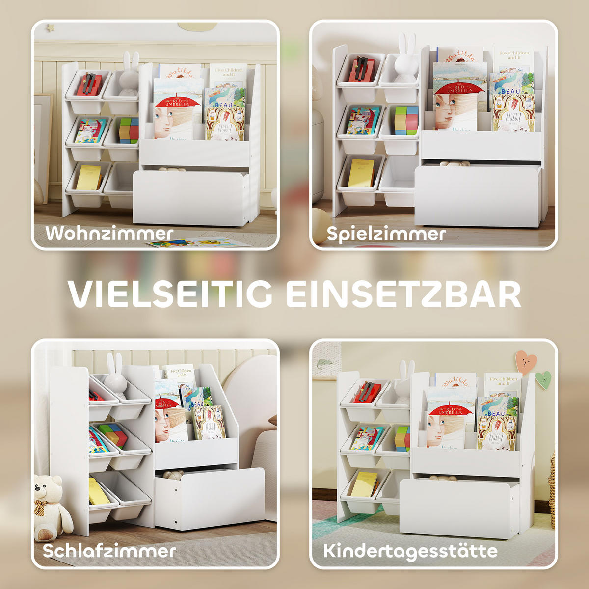 KINDERREGAL Bücherregal mit 6 herausnehmbaren Boxen Ablagen - Weiß, Holzwerkstoff (30/80/100cm) - AIYAPLAY