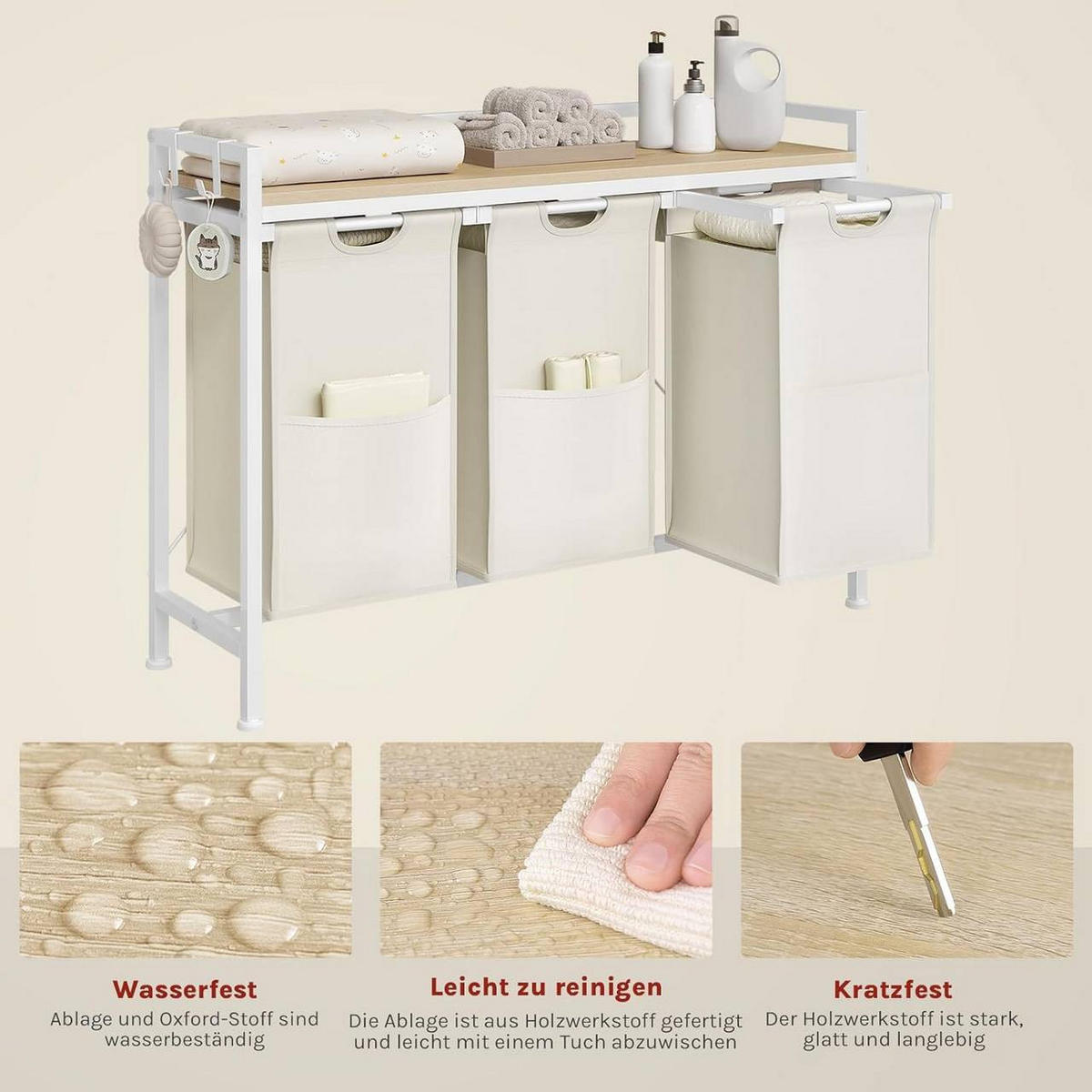 WÄSCHEKORB 3 Fächer, jedes 40 L, Weiß+Helle Eiche - Eichefarben/Weiß, Holzwerkstoff/Textil (96/71/30cm) - Woltu