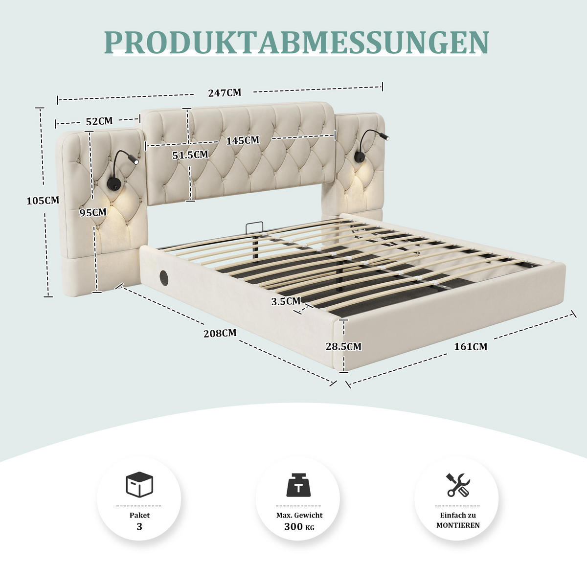 ČALOUNĚNÁ POSTEL samet béžový 160x200 cm s LED lampičkami na čtení a USB portem - béžová, textil (160/200cm) - Urban Meuble