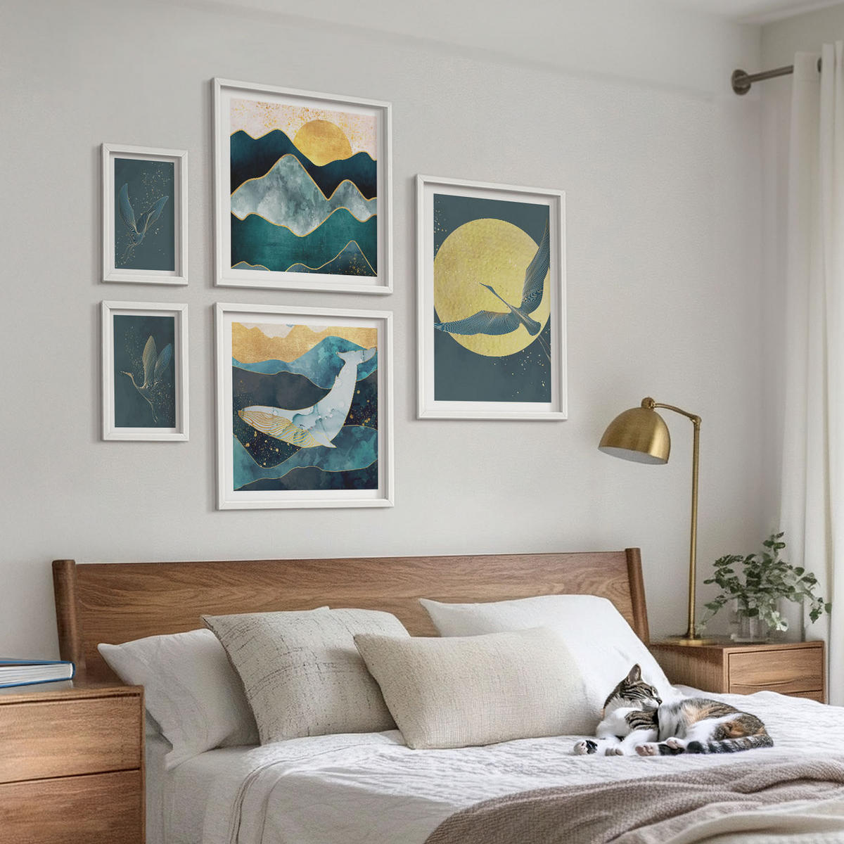 WANDBILDER 5er-Set - 50x50 cm & 20x30 cm & 40x60 cm Weißer Rahmen - Vögel, Kraniche, Mond, Berge - Weiß, Kunststoff (40/60cm) - ArtPrintCave