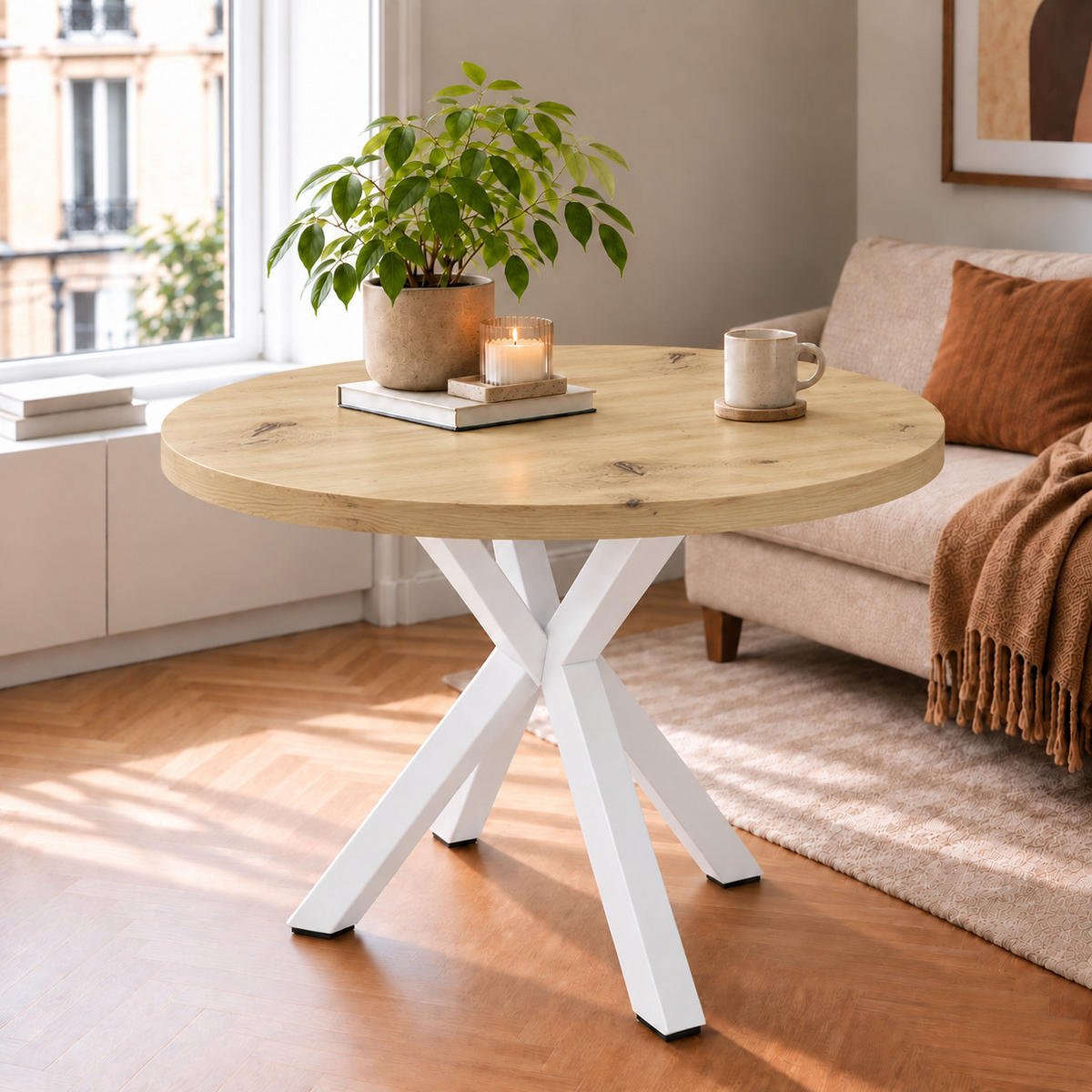ESSTISCH rund ausziehbar 100-200/100/76 cm, Artisan Eiche, 54 cm Tischplatte + Metall weiß - Eiche Artisan, Holzwerkstoff/Metall (100/200/76cm) - Damale Möbel