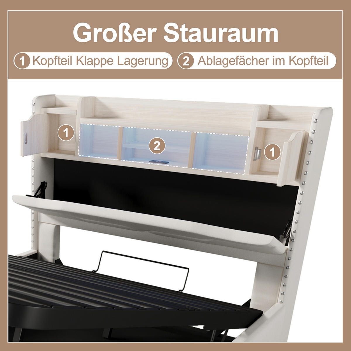 POLSTERBETT 140x200cm Beige USB-C LED-Licht Kopfteil Hydraulik - Beige, Holz (140/200cm) - FLIEKS