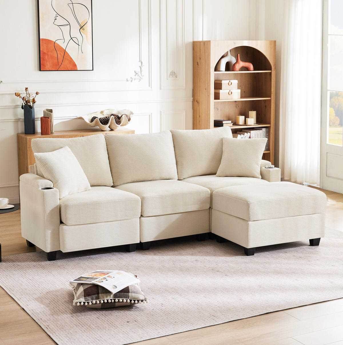 SOFA L-Form 3-Sitzer mit Hocker USB 213,5 x 139 cm Cord Beige - Beige, Textil (213.5/139cm) - IVMEU
