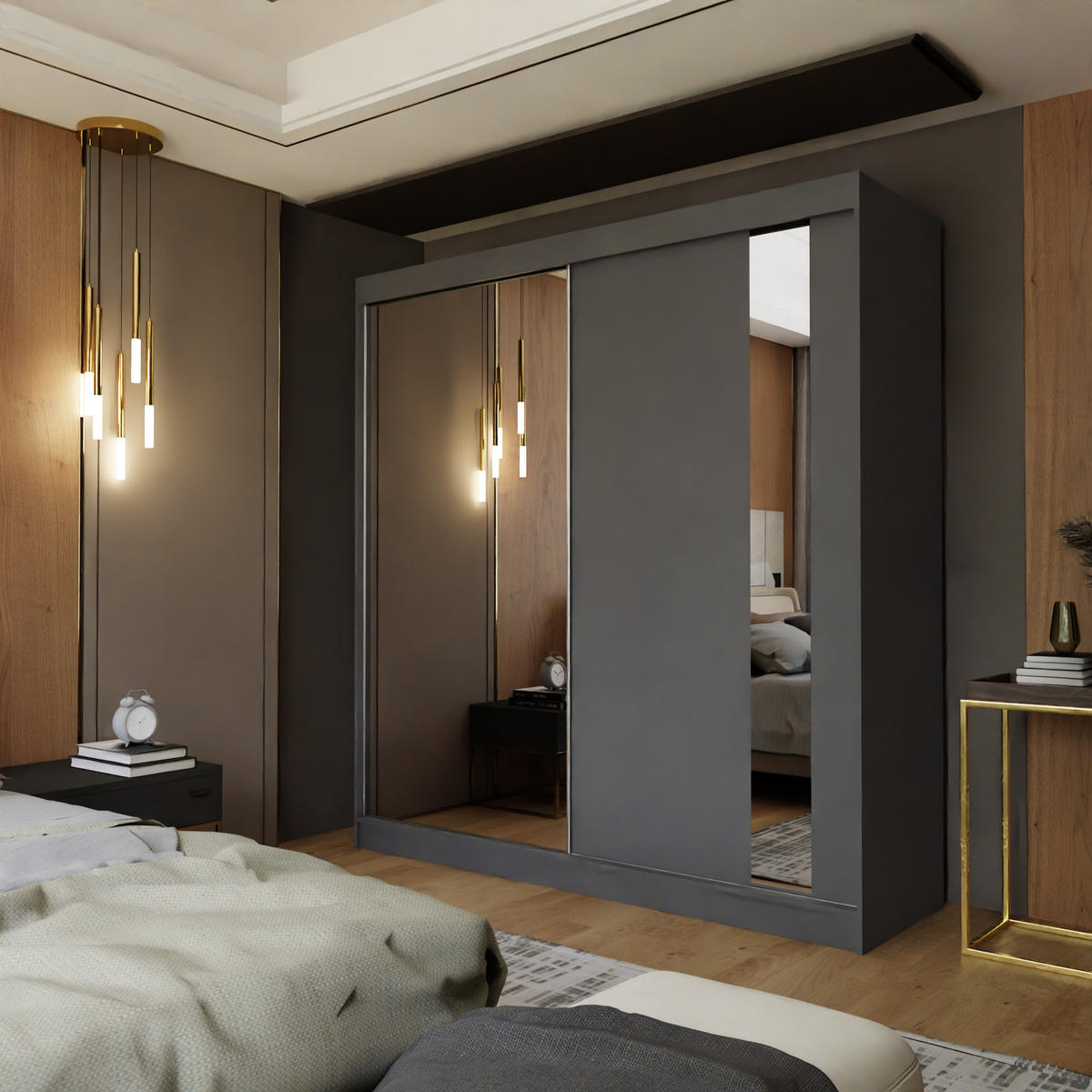 SCHWEBETÜRENSCHRANK GRAZIA 200/216/61 cm 2-türig mit Spiegel Grau - Grau, Holzwerkstoff (200/216/61cm) - MASSENO