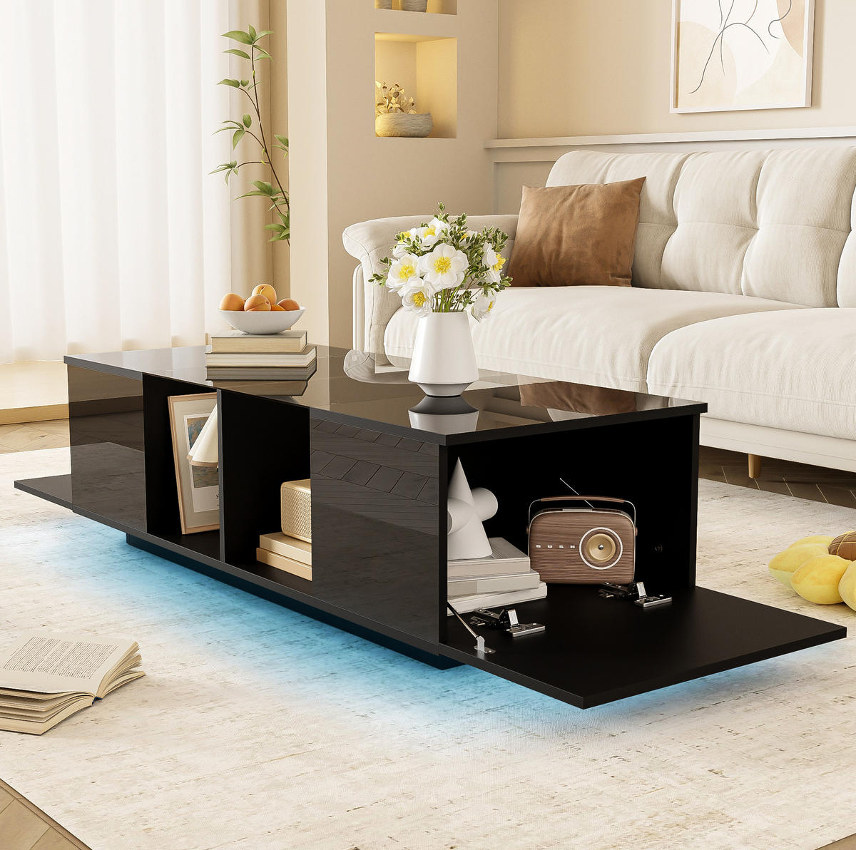 COUCHTISCH 120/50/38,5 cm schwarz mit LED-Beleuchtung und Glasplatte - Schwarz, Holzwerkstoff (120/50/38.5cm) - OKWISH