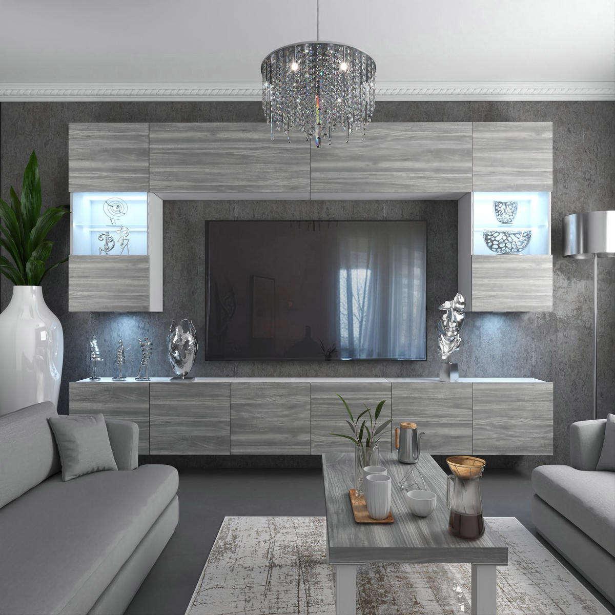 WOHNWAND Milano 1, Grau Matt, 300 cm, Grifflos - Grau, Holz (300/155/36cm) - B BELINI GROUP