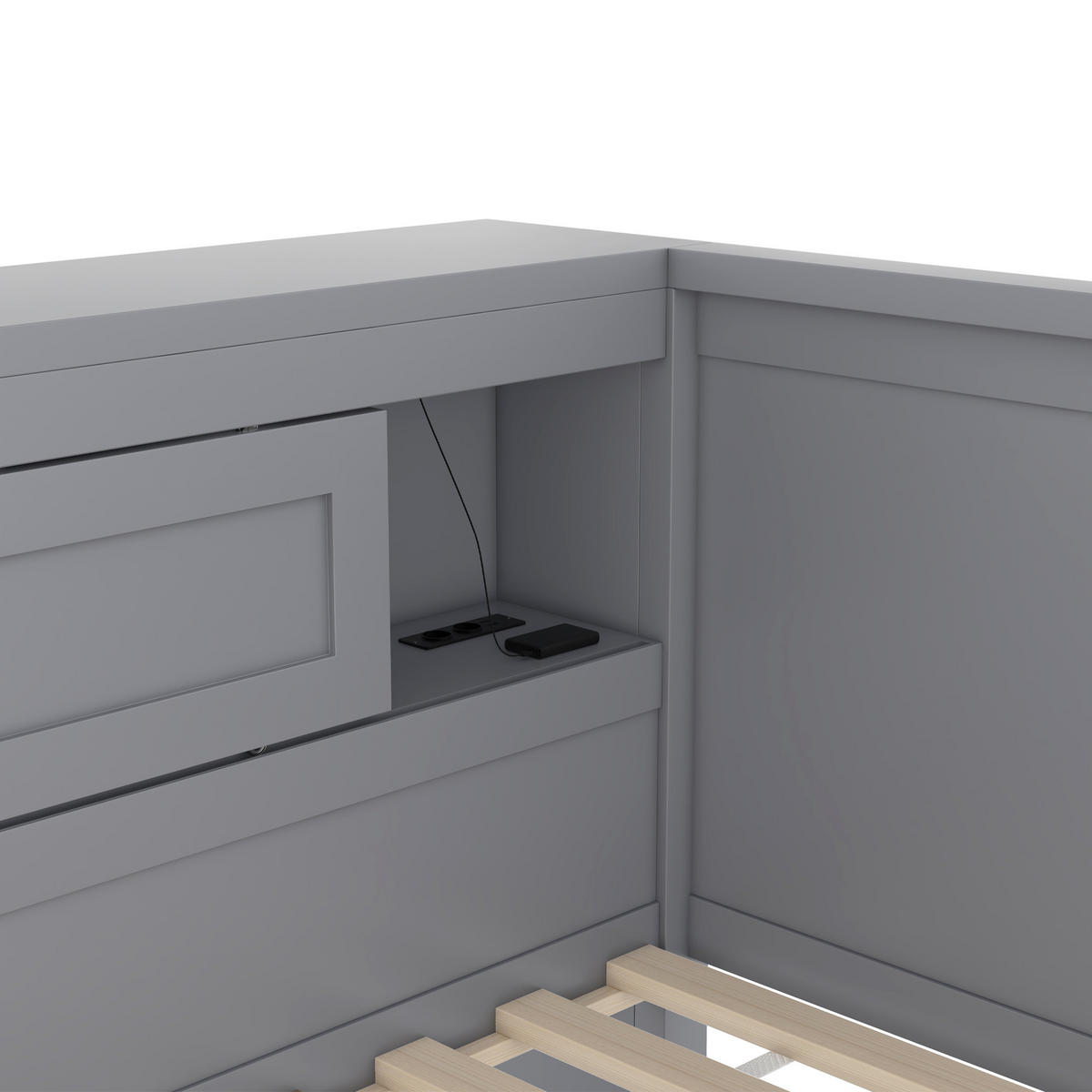 SCHLAFSOFA 90x200cm Grau LED-Licht Bettseite Staufach Ausziehbett USB - Grau, Holz (90/200cm) - FLIEKS