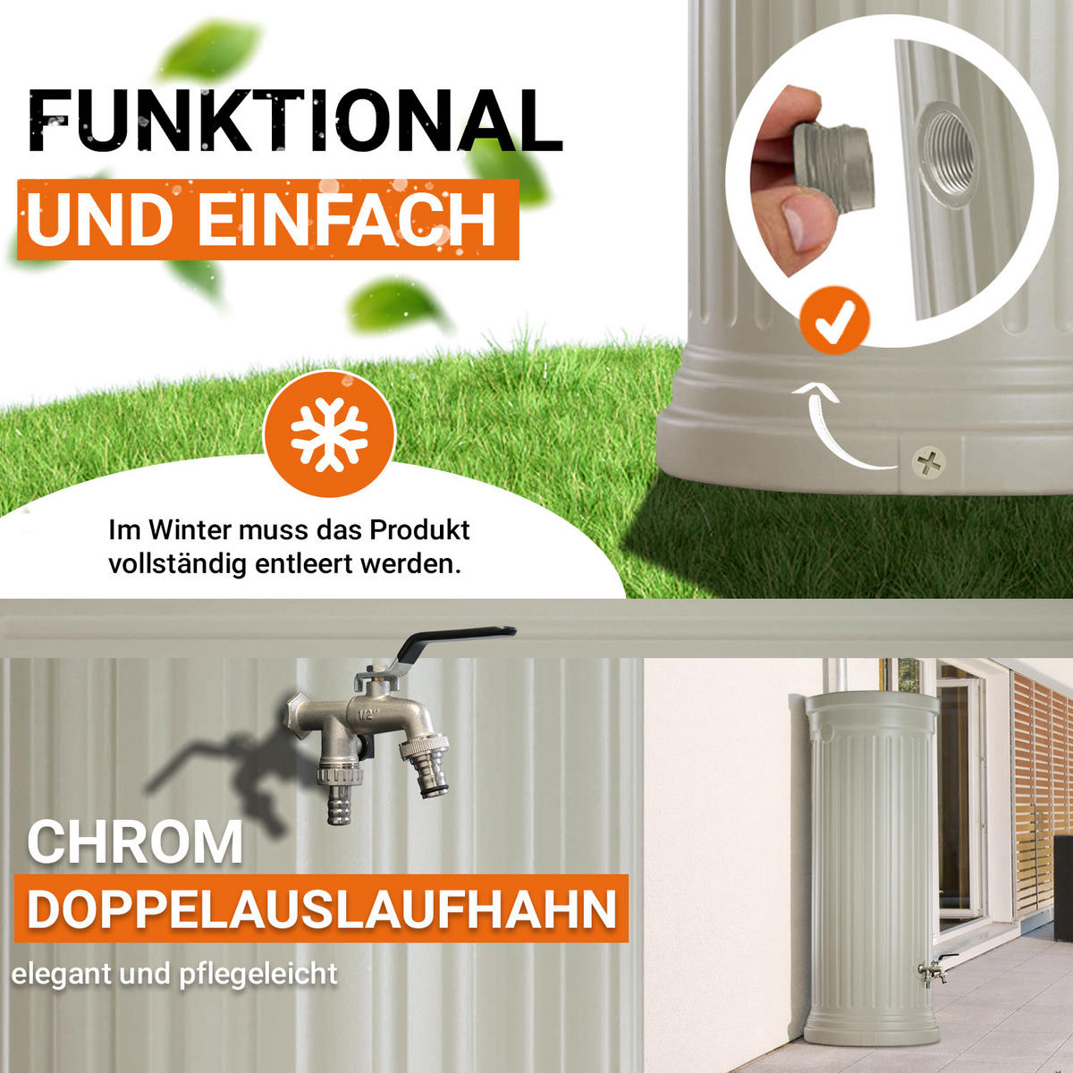 SÄULENTANK Komplett-Set 330 L, sandbeige inkl. Chrom-Doppelauslaufhahn und Fallrohranschluss - Beige, Kunststoff (59/161/80cm) - GARANTIA