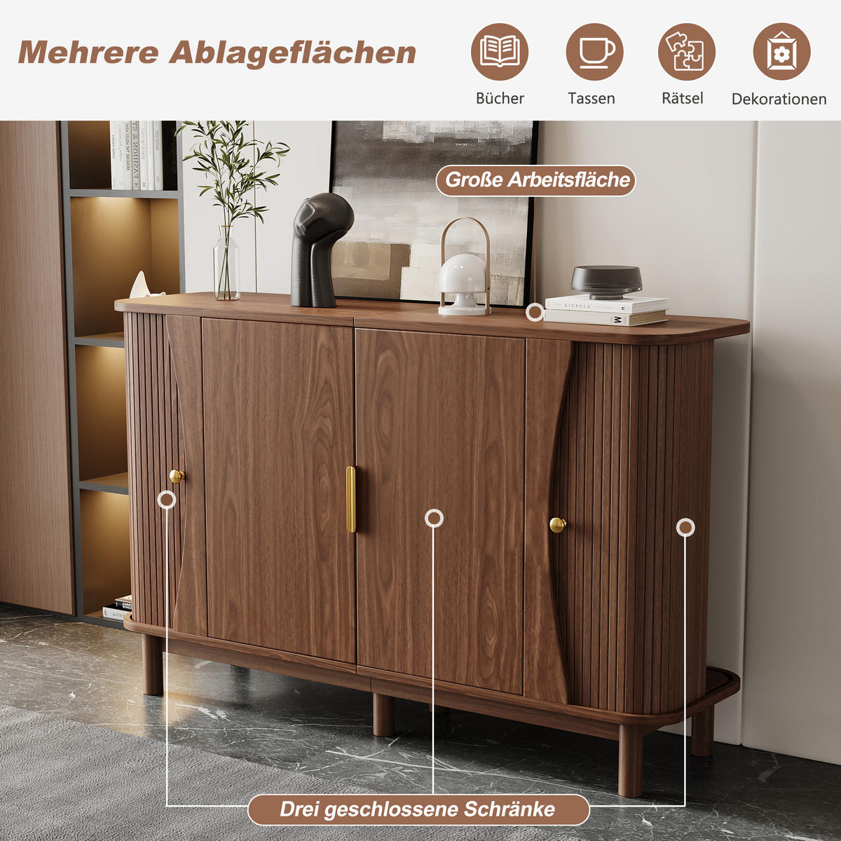 SIDEBOARD 140cm mit geschwungenen Kanten & 2 Türen - Walnussfarben, Holzwerkstoff (140/88/40cm) - Urban Meuble