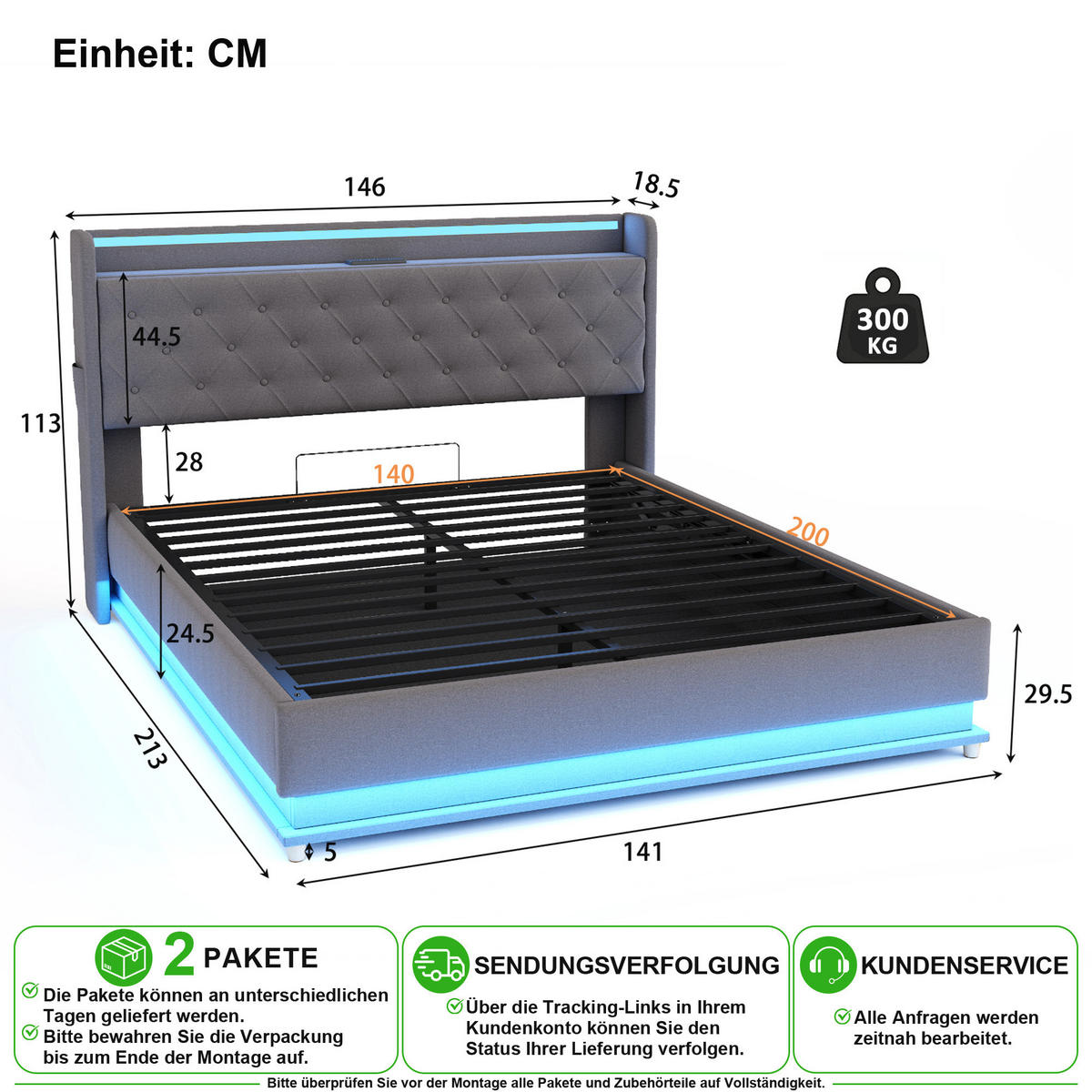 ČALOUNĚNÁ POSTEL 140/200 cm v šedé barvě s LED osvětlením, USB a úložným prostorem - šedá, kov/kompozitní dřevo (140/200cm) - CHICFURN