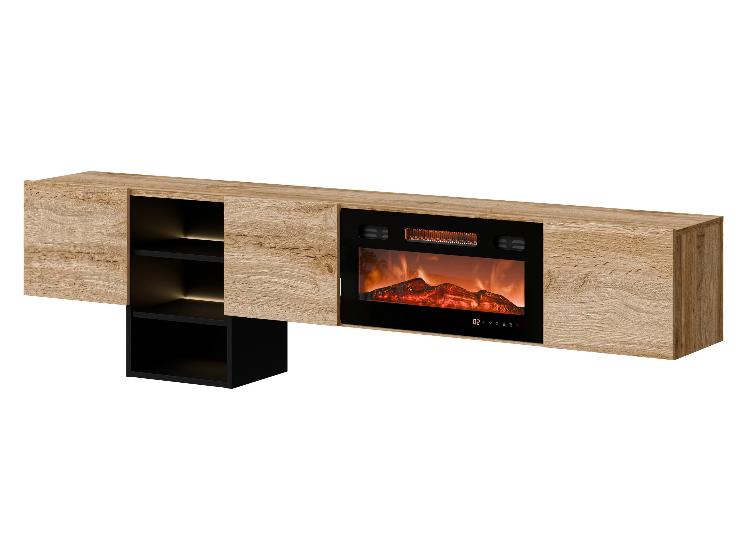 TV-LOWBOARD Teo mit Kamin - Eiche Wotan/Schwarz, Holzwerkstoff (200/53/32cm) - MIRJAN24