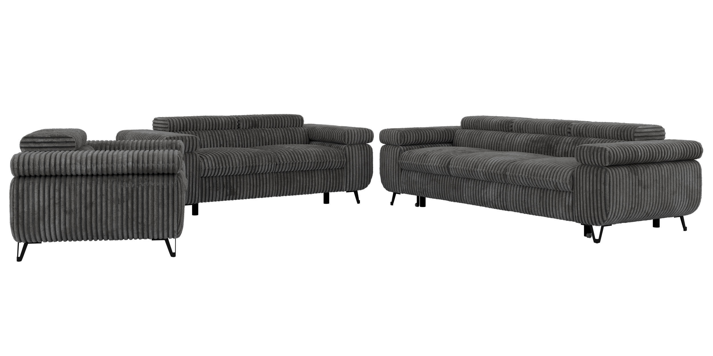 SITZGARNITUR PETER 1+2+3 mit Schlaffunktion - Grau Cord - Schwarz/Grau, Textil/Metall (262/76/99cm) - MKS