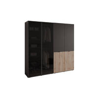 KLEIDERSCHRANK SANDBOX LOFT 200 202/49/200 cm Schwarzgraphit / Schwarzgraphit + Eiche Wotan + Schwarzes Glas ohne LED ohne Zusatzböden - Eiche Wotan/Schwarz, Holzwerkstoff/Kunststoff (202/200/49cm) - Lookway