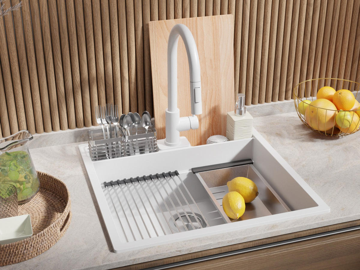 SPÜLBECKEN Bergen Pocket, 2-er set Weiß 56/54 cm 1 Becken + Ablauf-Set + Küchenzubehörset ab 60er Unterschrank - Chromfarben/Beige, Kunststoff (56/20/54cm) - Primagran