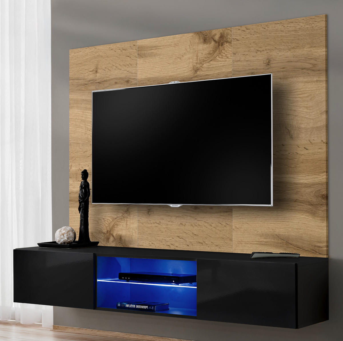 TV-LOWBOARD Eiche Wotan und schwarz 180 cm hängend, Set inklusive LED-Beleuchtung - Eiche Wotan/Schwarz, Glas/Holzwerkstoff (180/148/40cm) - Inn.Furn