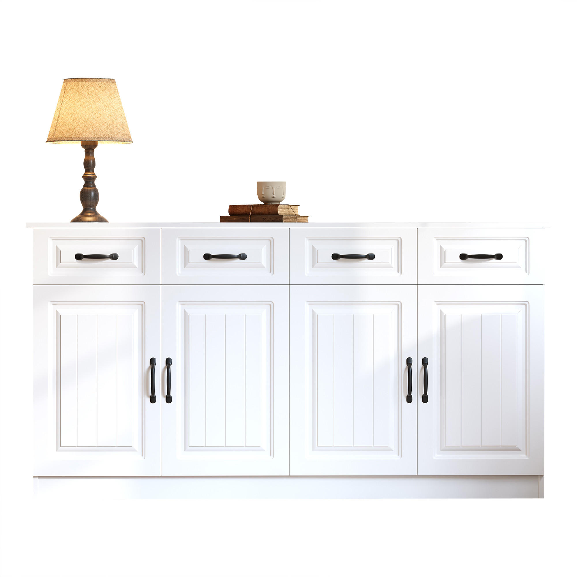 SIDEBOARD Weiß MDF 4 Schubladen 4 Türen 160cm gerillt modern - Weiß, Holzwerkstoff (160/80/35cm) - FLIEKS