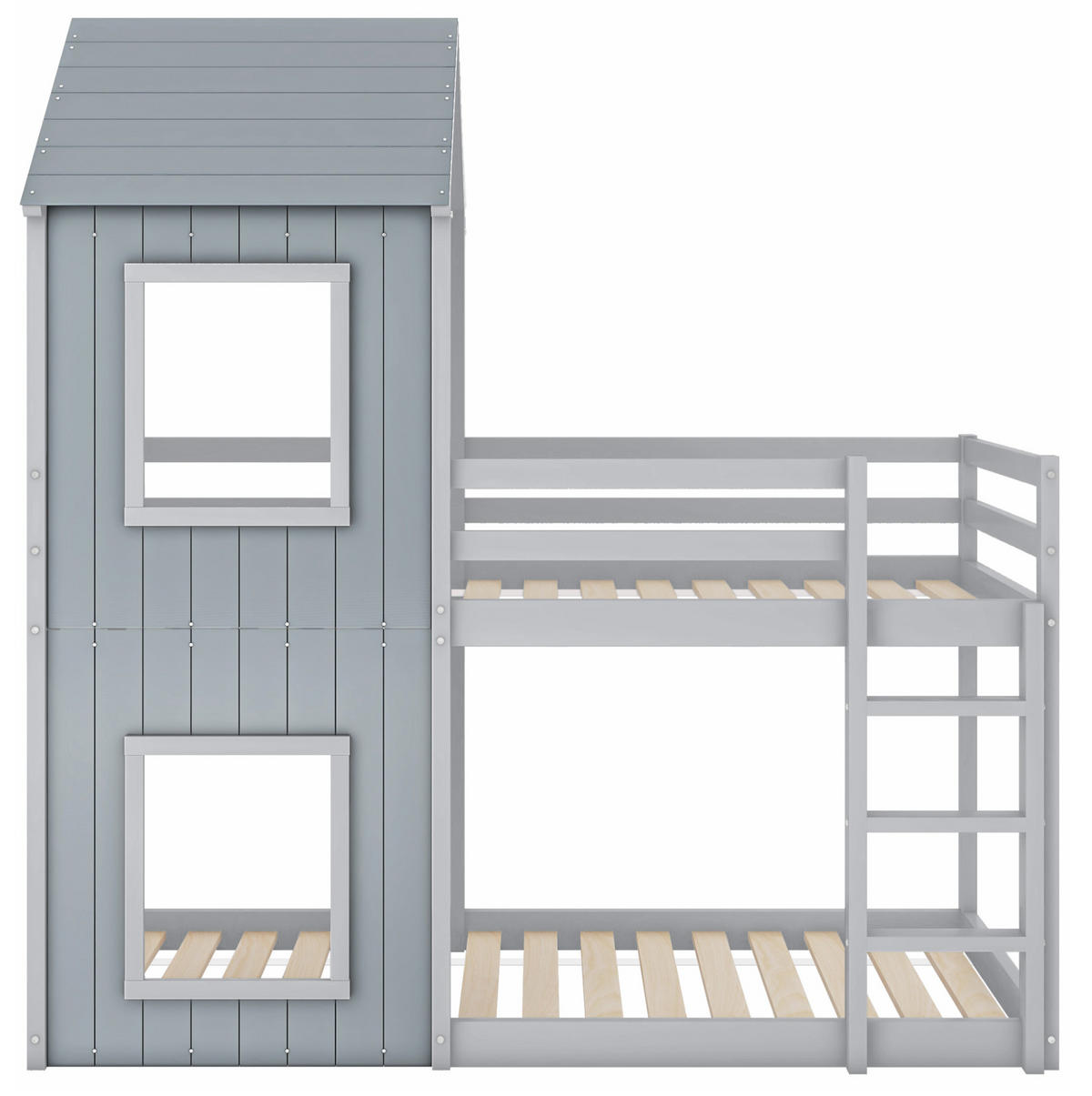 HAUSBETT 90/200 cm Grau aus Kiefer massiv mit Leiter und Sicherheitsgeländer - Grau, Holzwerkstoff (90/200cm) - Flora Grace