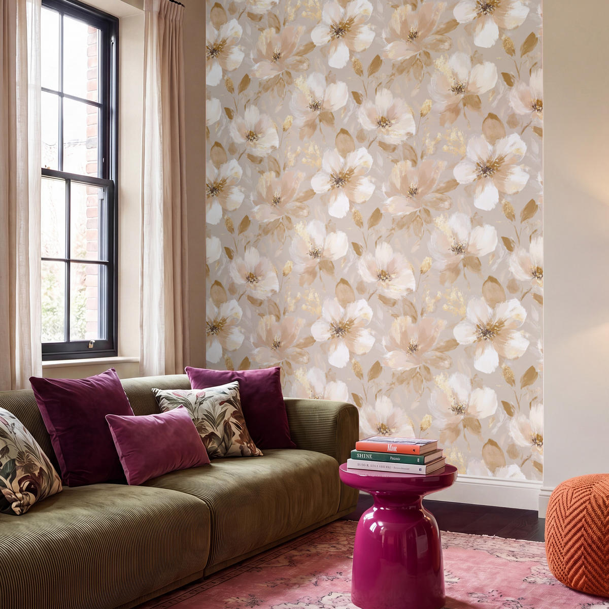 TAPETE - Blumen - künstlerisch - Gold - 200x280 cm - Beige, Papier (200/280cm) - OnlyWow