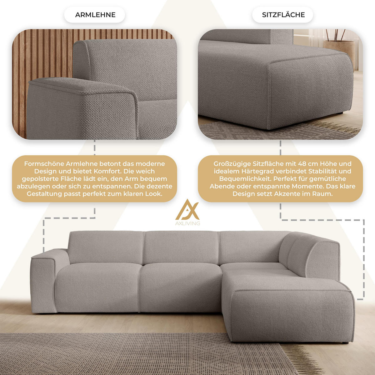 ECKSOFA L Form Didim Beige 292/220/78 cm – großes Sofa stilvoll & bequem R - Beige/Schwarz, Kunststoff/Textil (292/220cm) - AX Living