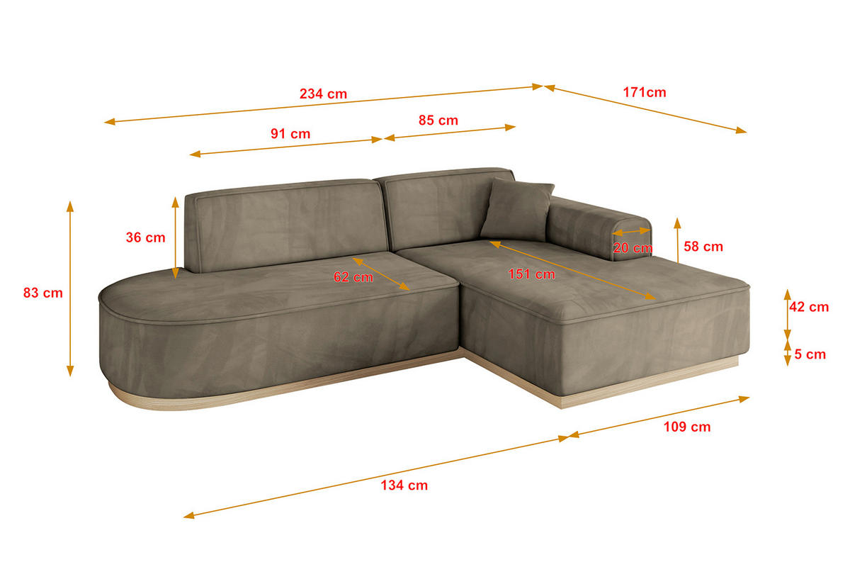 ECKSOFA Ottomane Rechts IREA-L1 - 234x171x83 cm Braun - Braun, Holzwerkstoff/Textil (171/234cm) - ALTDECOR