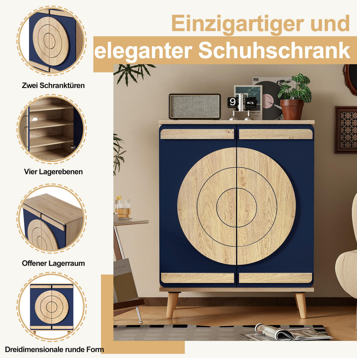 SCHUHSCHRANK 76/37/98,5 cm blau/natur aus Spanplatte mit Massivholzbeinen - Naturfarben, Holzwerkstoff (76/98.5/37cm) - OKWISH