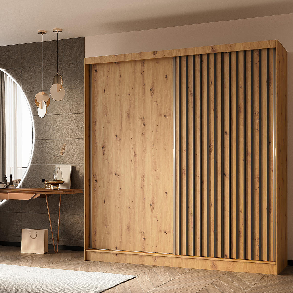 SCHWEBETÜRENSCHRANK LAMELLO 200/216/61 cm 2-türig Eiche Artisan - Eiche Artisan, Holzwerkstoff (200/216/61cm) - MASSENO