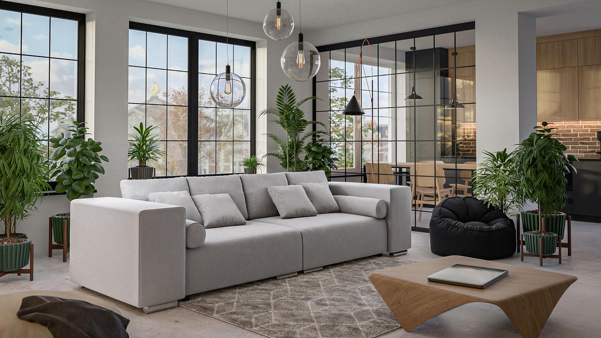 BIGSOFA Kami Microfaser Silber - Silberfarben/Schwarz, Kunststoff/Textil (290/80/110cm) - S-Style Möbel