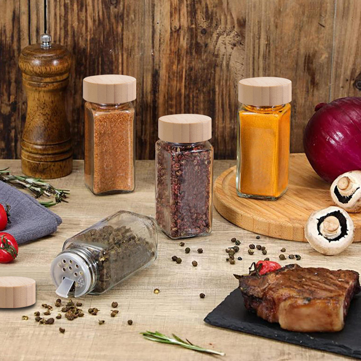 GEWÜRZGLAS-SET 12 Stück mit Bambusdeckel und 120ml Fassungsvermögen Glas/Bambus 4.5/4.5/10.5cm - Weiß, Glas/Holz (4.5/10.5/4.5cm) - Livingandhome