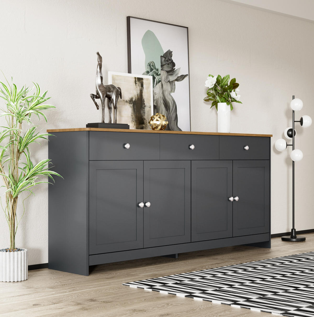 SIDEBOARD 160/37/75 cm grauschwarz aus MDF mit 3 Schubladen - Schwarz, Holzwerkstoff (160/75/37cm) - OKWISH