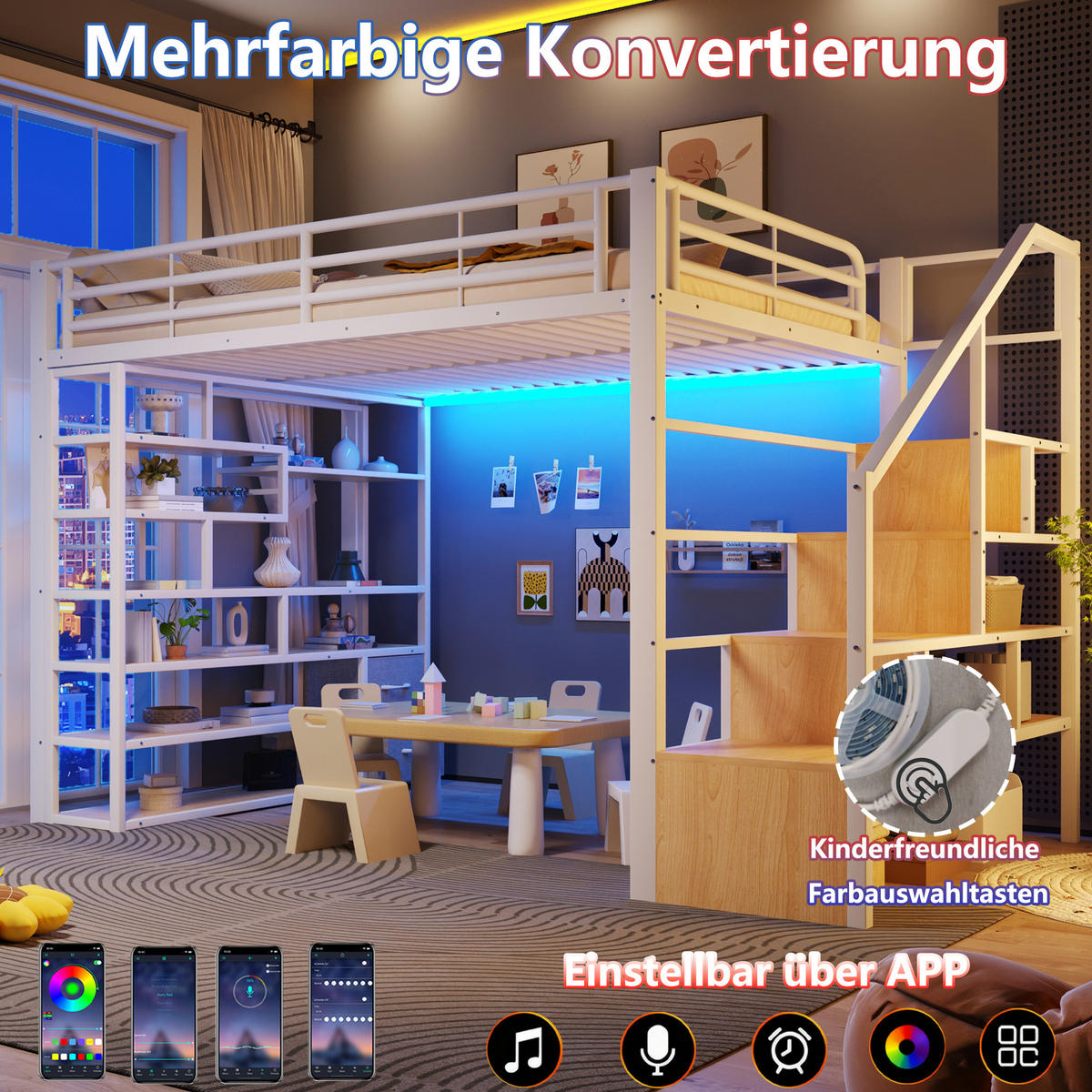 HOCHBETT 140x200 Metall mit Stauraum Treppe LED - Weiß, Metall - Gisaae