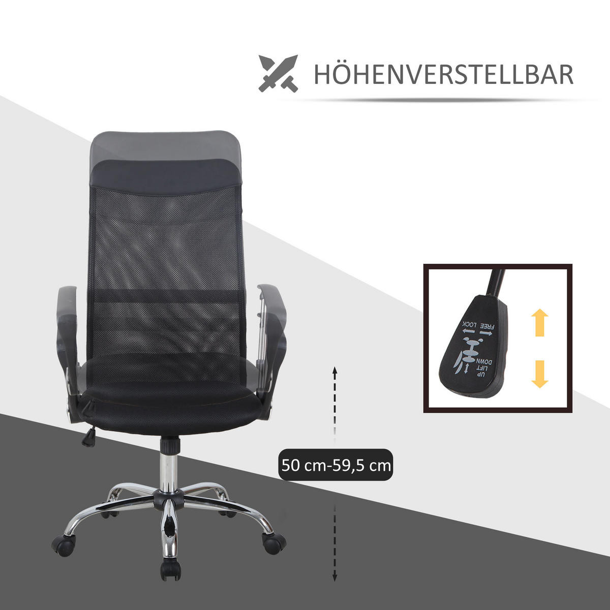 ERGONOMISCHER, Bürostuhl, Netz, Schwarz - Schwarz, Kunststoff (65/119/63cm) - HOMCOM