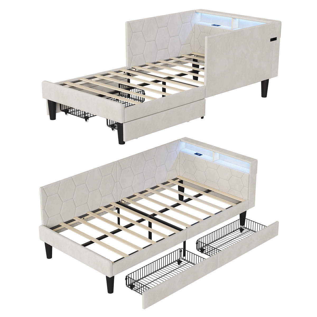 POLSTERBETT 90x200 cm Tagesbett mit 2 Schubladen, LED & USB, Einzelbett mit Kopfteil Stauraum, Beige - Beige, Metall (90/200cm) - EuroLiving