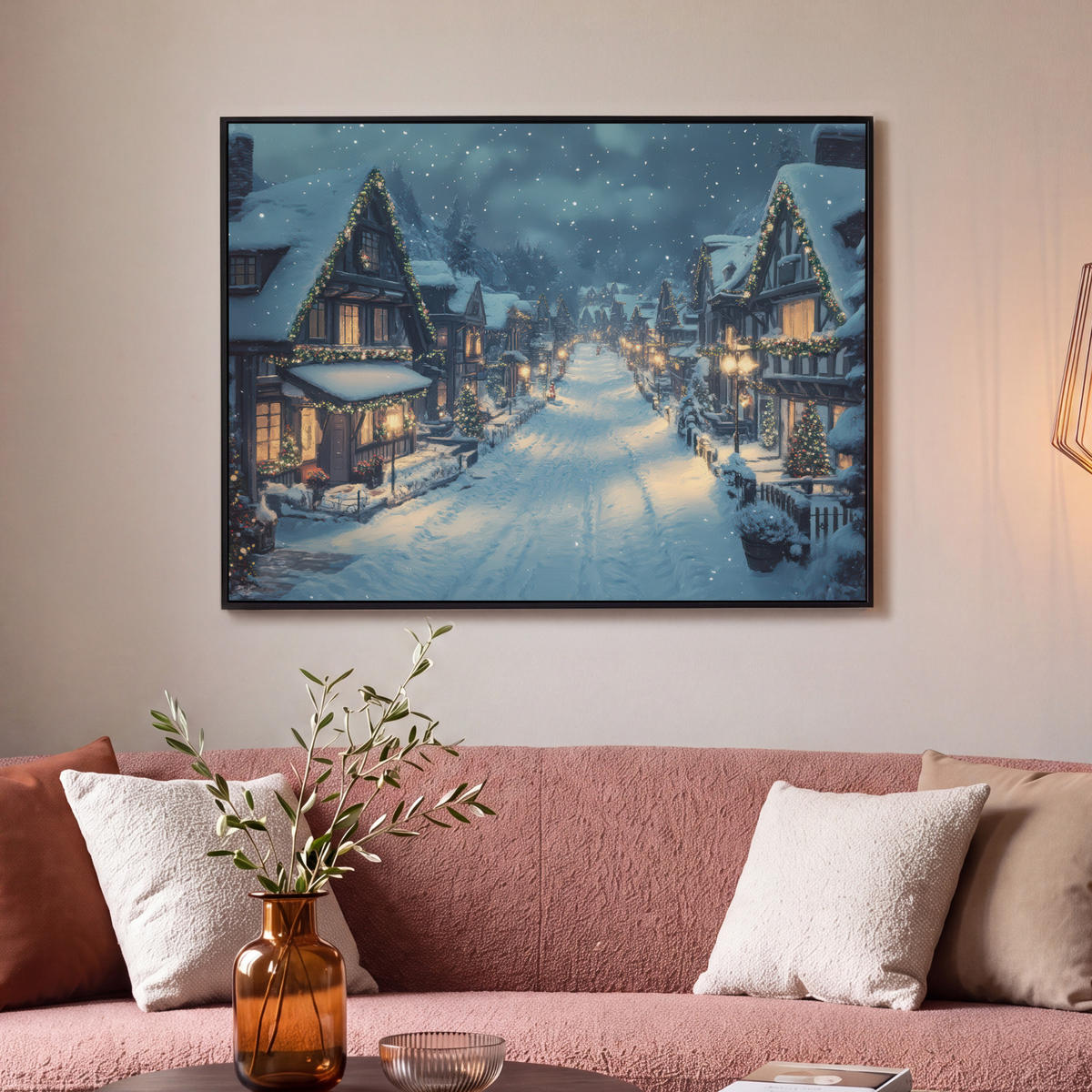 LEINWAND Bilder mit Rahmen - Weihnachtsdorf - Weihnachten - Schnee - Winter - 100x70 - Dunkelblau, Textil (100/70cm) - MuchoWow