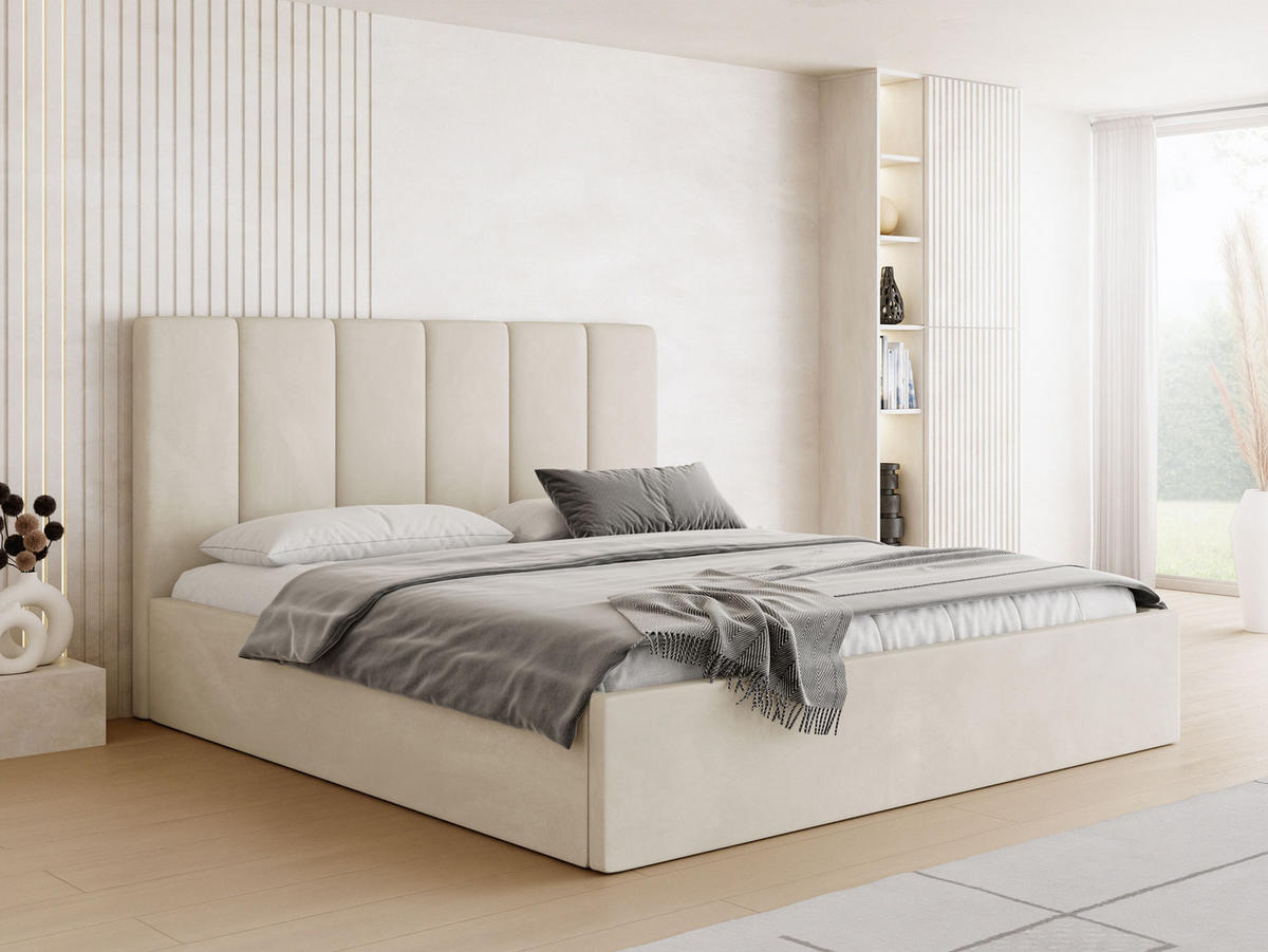 POLSTERBETT Amira Slim mit Bettkasten, Creme Samt 180x200 cm - Beige/Birkefarben, Holz/Holzwerkstoff (180/200cm) - WFL GROUP