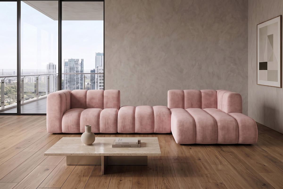 ECKSOFA Modulares In L-Form, Velvet-Stoff Riviera, Hellrosa, Rechts, GRAND 319 cm - Hellrosa, Holz (319/175cm) - Kaiser Möbel