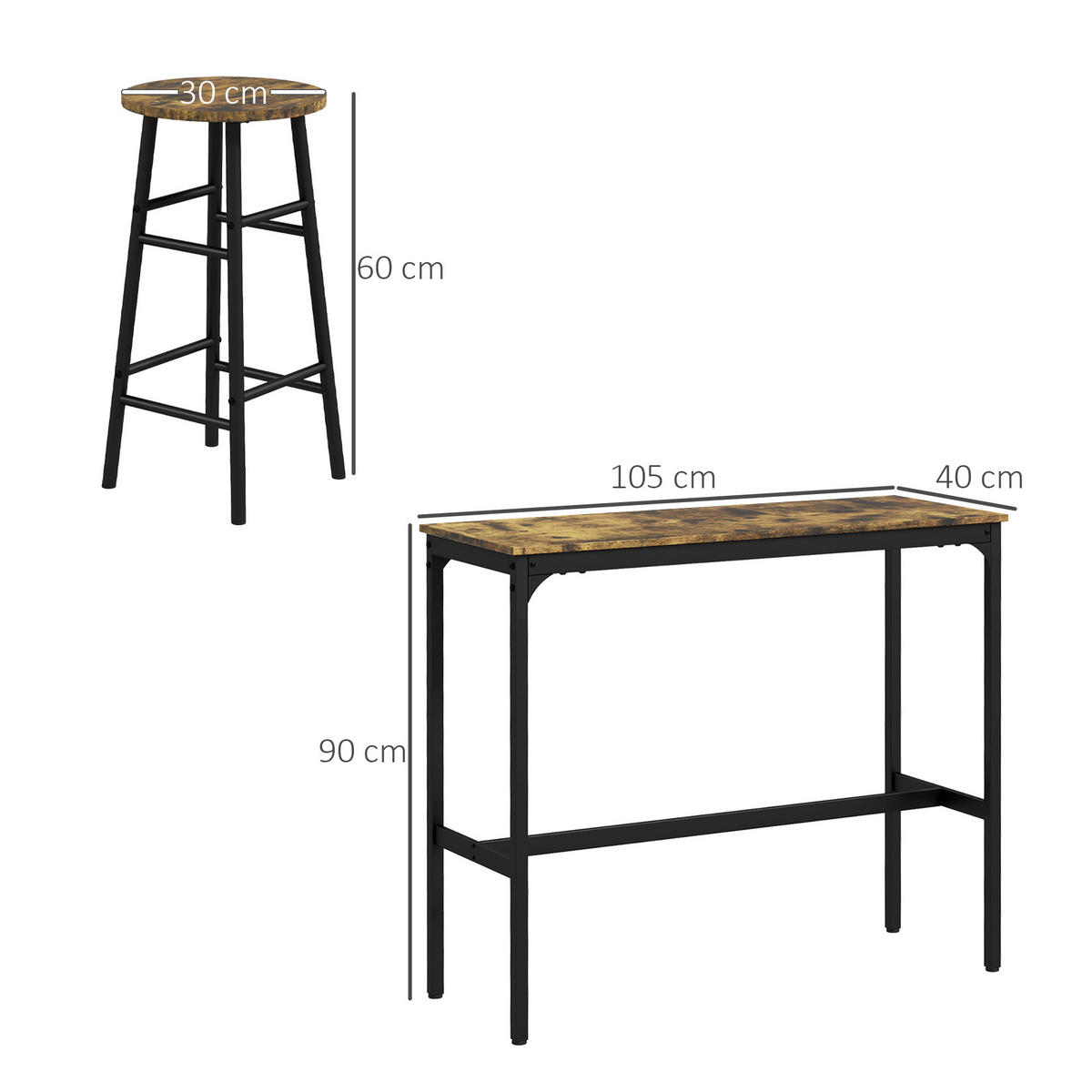 BARTISCH-SET, MDF, Stahl, Rustikal-Braun - Braun, Kunststoff (40/90/105cm) - HOMCOM