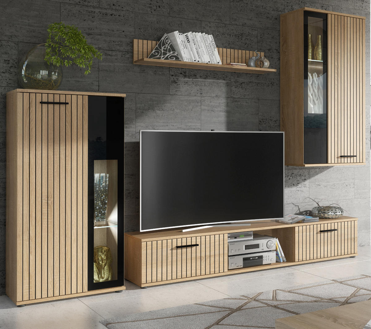 WOHNWAND Eiche, schwarz 255 cm Lamellenoptik, Schrankwand mit Beleuchtung - Eichefarben/Schwarz, Glas/Holzwerkstoff (255/180/30cm) - Furn.Design