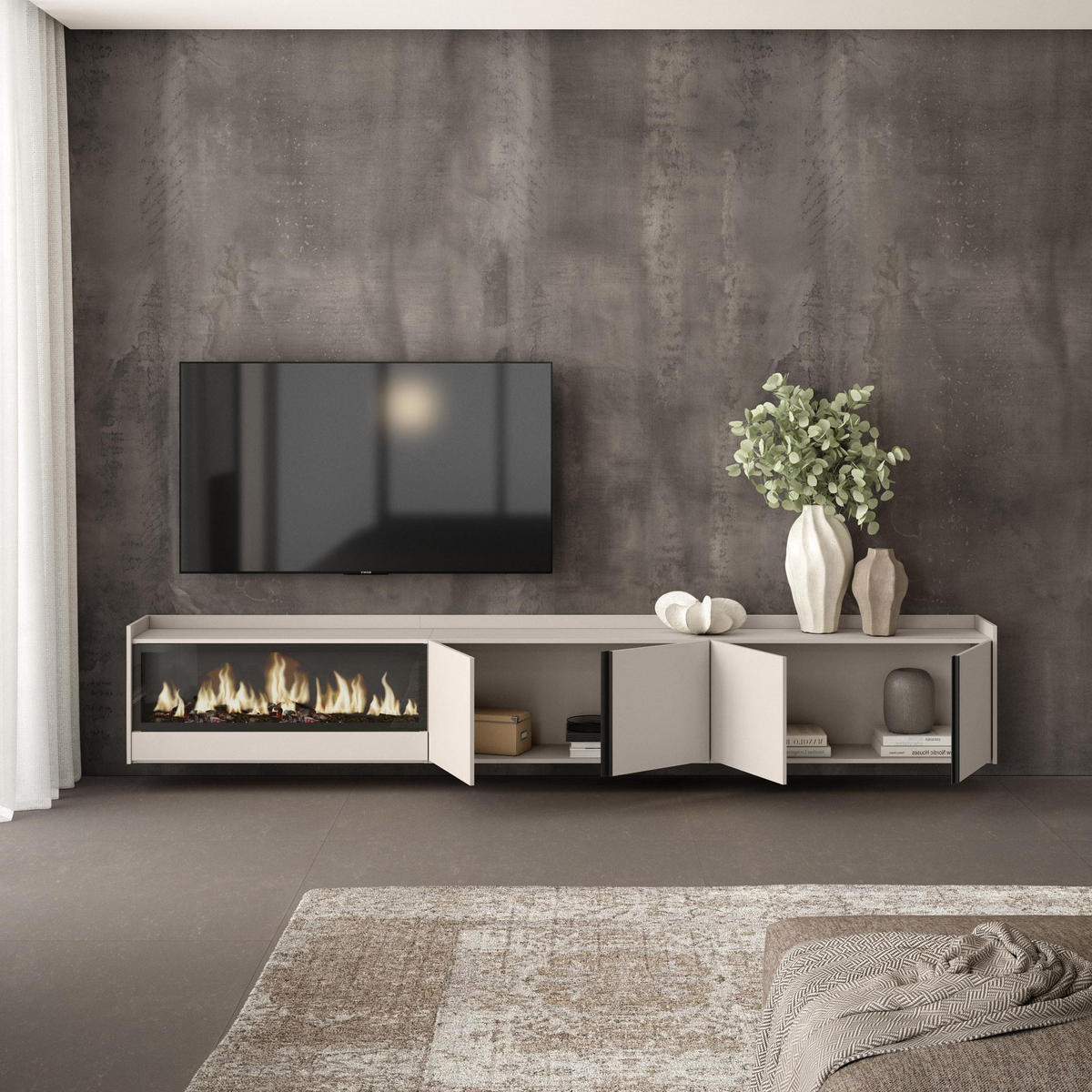 LOWBOARD, Beige, 315/35/50cm, Kamin mit Feuereffekt XXL - Beige, Holzwerkstoff (315/50/35cm) - Skraut Home