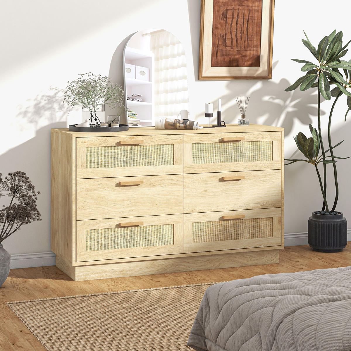KOMOODE DE-12871 6 Schubladen mit Rattan, Boho-Design Eiche - Eichefarben, Holzwerkstoff (110/69/40cm) - ComfortXL