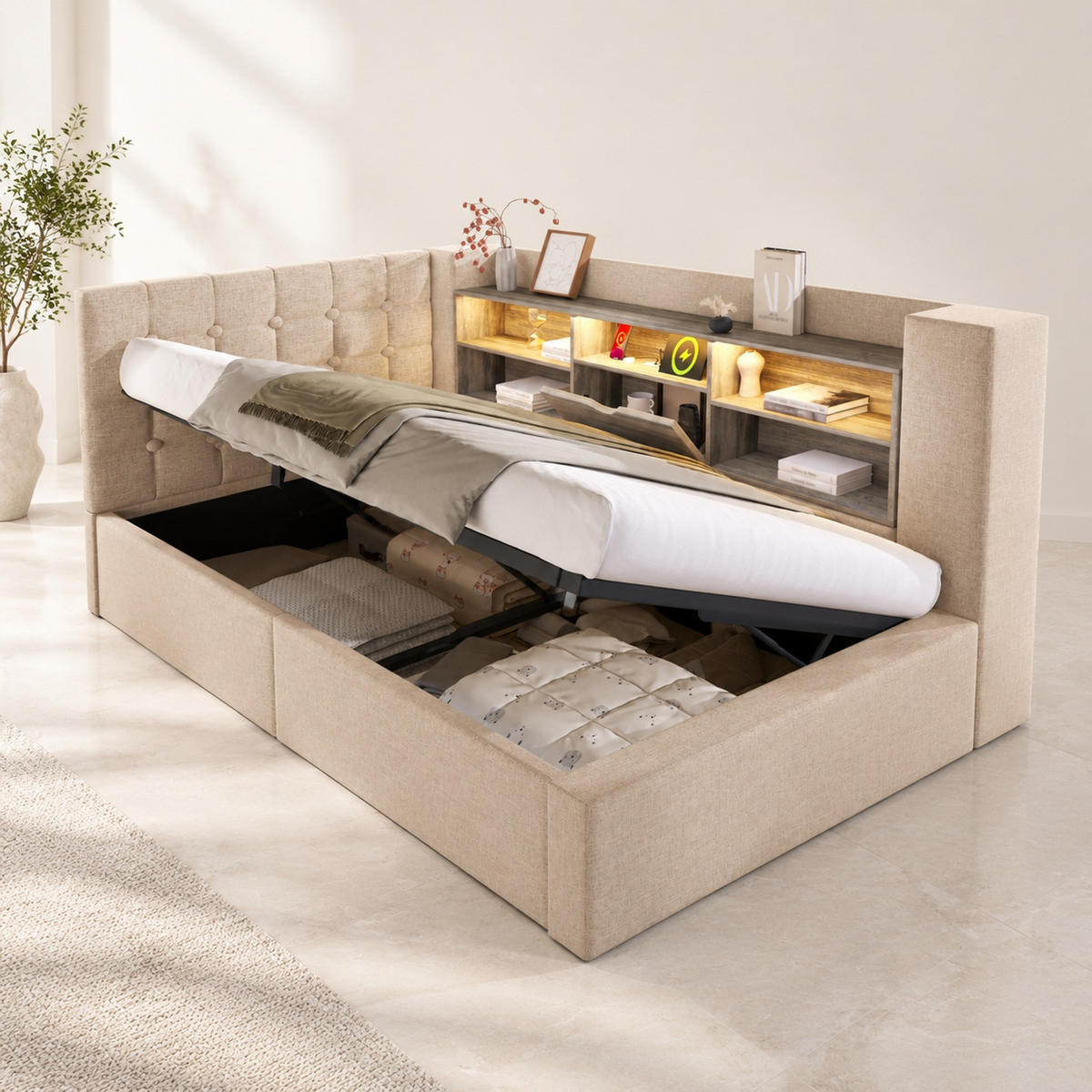 POLSTERBETT 90/190 mit LED, hydraulischem Stauraum und USB in Beige - Beige, Holzwerkstoff/Textil (90/190cm) - EVRYAE