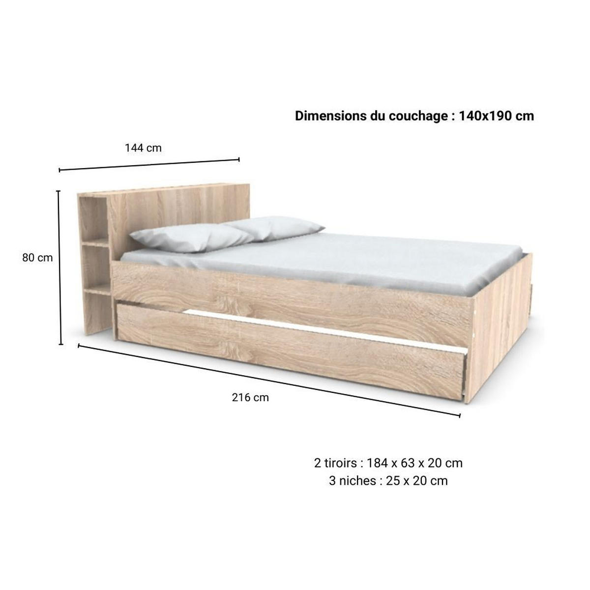 BETT RIGA 140x190 cmmit Kopfteil und Schubladen - Eiche gebleicht Dekor - Sonoma Eiche, Holzwerkstoff (140/190cm) - Weber Industries