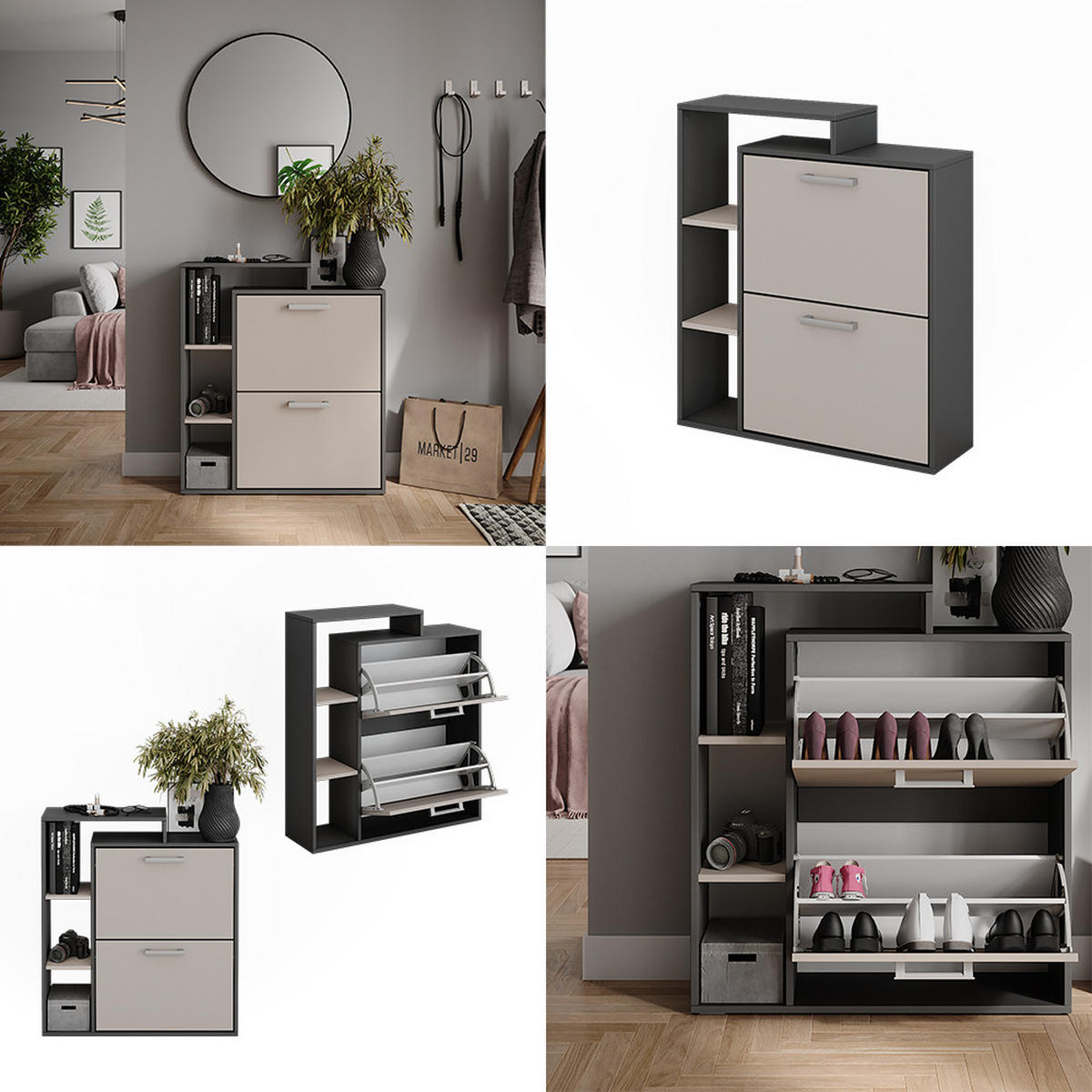 SCHUHKIPPER Orlando Anthrazit/Greige 80 x 90 cm - Greige/Anthrazit, Holzwerkstoff (80/90/24.2cm) - Vicco