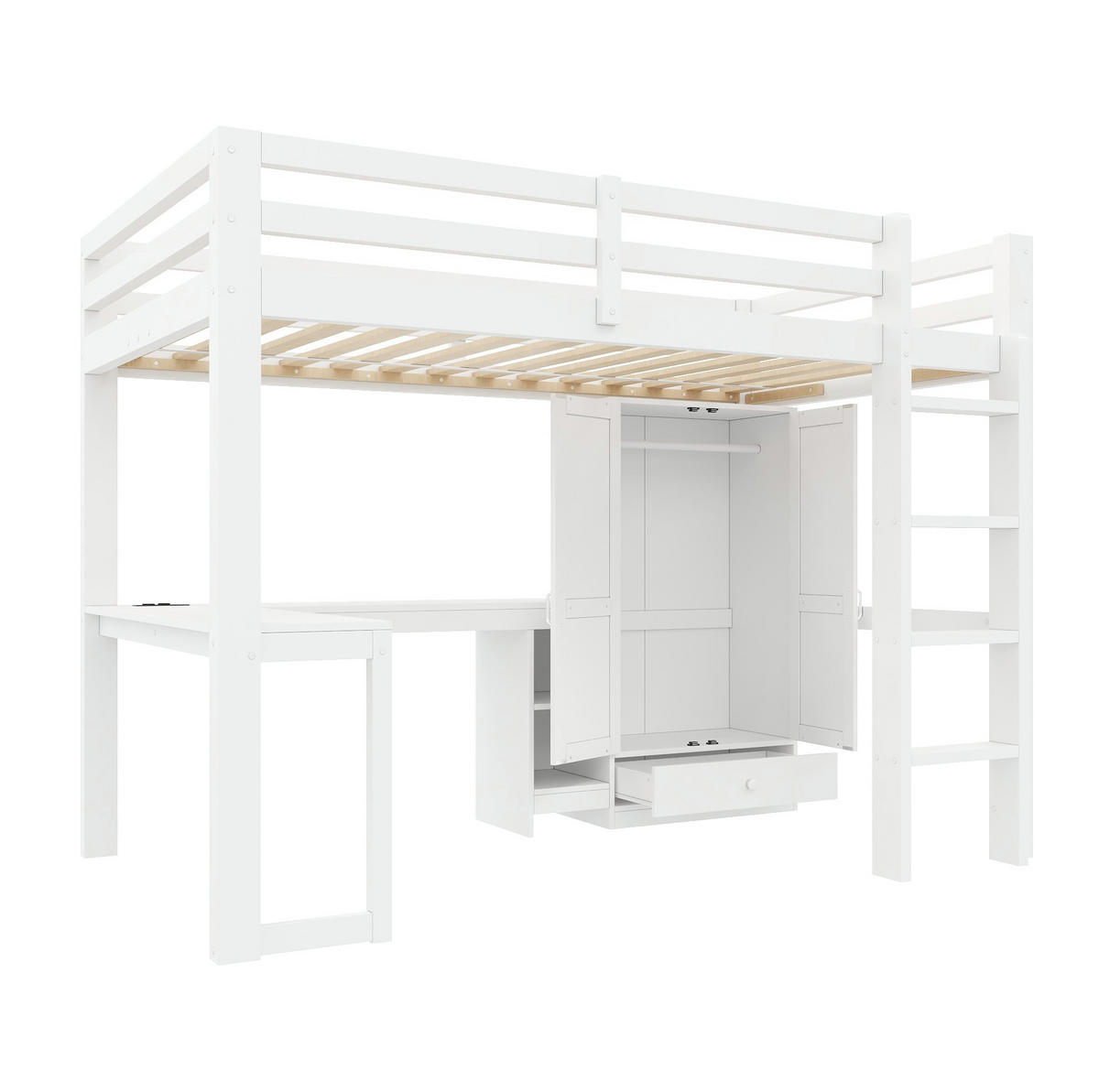 HOCHBETT aus Kiefernholz und MDF 90x200 cm Weiß mit Schreibtisch, Kleiderschrank, USB und LED-Beleuchtung - Weiß, Holzwerkstoff (90/200cm) - Modfu