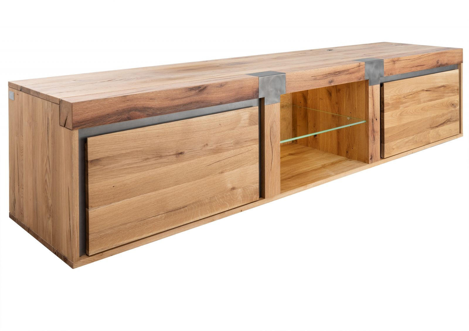 TV-BOARD Wildeiche / Zerreiche 220x48x50 natur geölt NEW AMSTERDAM #03 - Braun, Holz (220/50/48cm) - Massivmoebel24