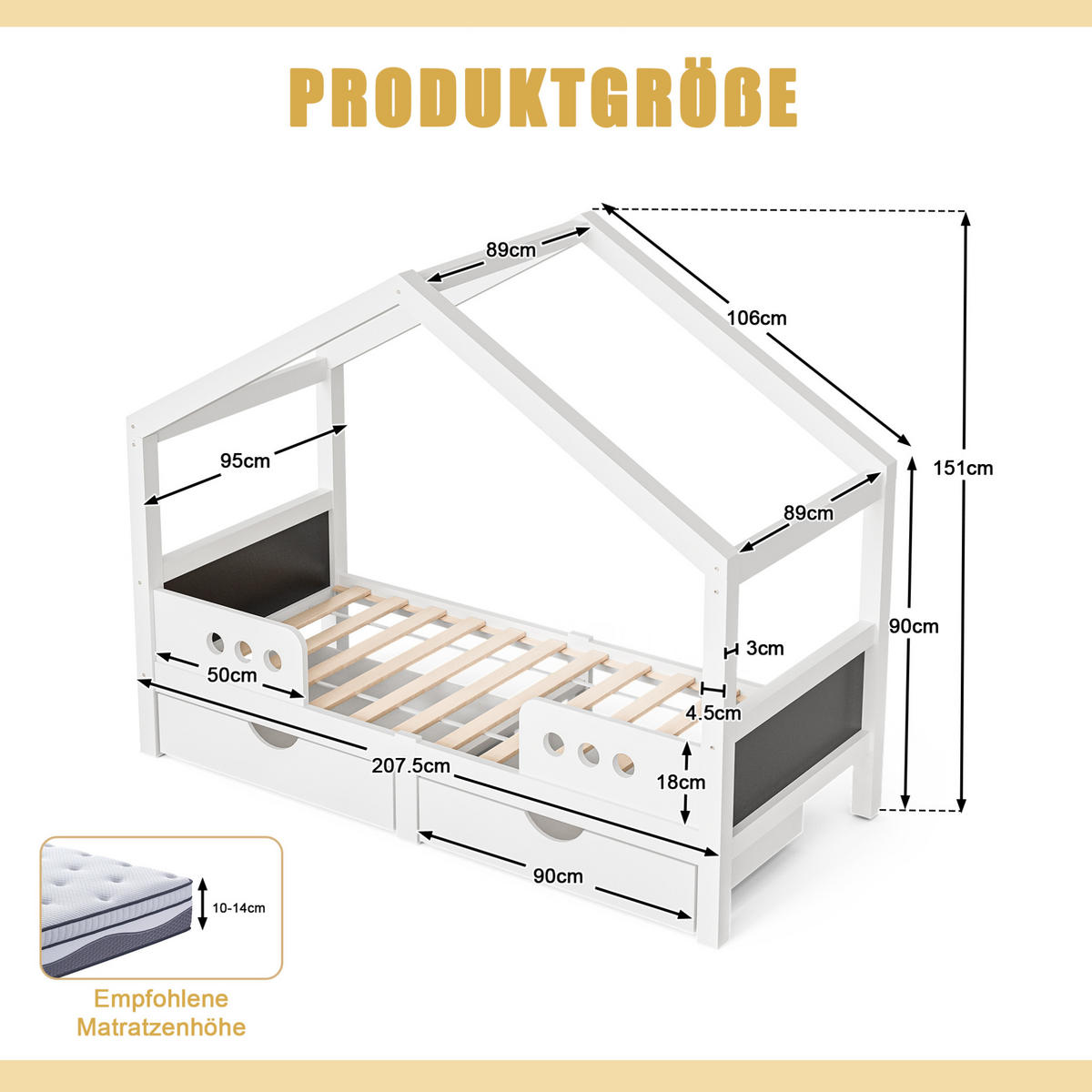HAUSBETT mit Dachdesign 90/200 cm weiß mit 2 großen Schubladen - Weiß, Holz (90/200cm) - OKWISH